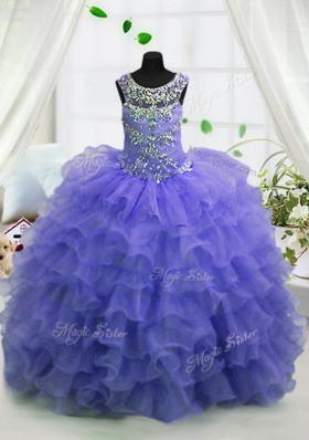 Graceful Lavender Lace Up Scoop Beading and Ruffled Layers Little Girls Pageant Gowns Organza Sleeveless