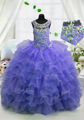 Graceful Lavender Lace Up Scoop Beading and Ruffled Layers Little Girls Pageant Gowns Organza Sleeveless