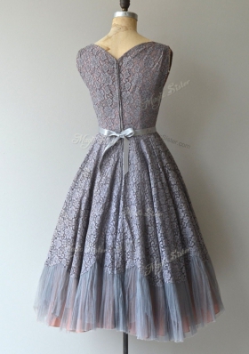 Great Grey Prom Party Dress Prom and Party and For with Lace Scoop Cap Sleeves Zipper