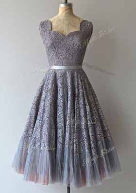 Great Grey Prom Party Dress Prom and Party and For with Lace Scoop Cap Sleeves Zipper