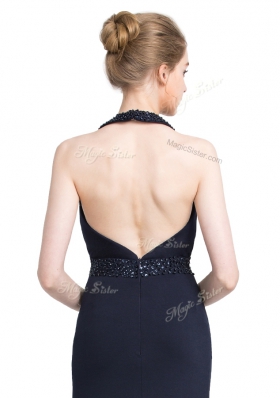 Halter Top Black Sleeveless Elastic Woven Satin Brush Train Backless Prom Dress for Prom and Party