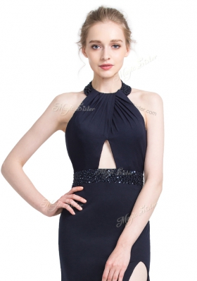 Halter Top Black Sleeveless Elastic Woven Satin Brush Train Backless Prom Dress for Prom and Party