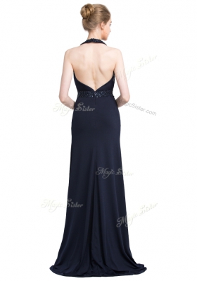Halter Top Black Sleeveless Elastic Woven Satin Brush Train Backless Prom Dress for Prom and Party