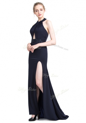 Halter Top Black Sleeveless Elastic Woven Satin Brush Train Backless Prom Dress for Prom and Party