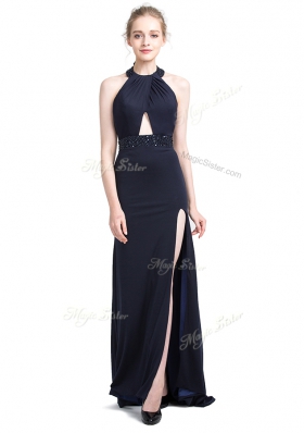 Halter Top Black Sleeveless Elastic Woven Satin Brush Train Backless Prom Dress for Prom and Party