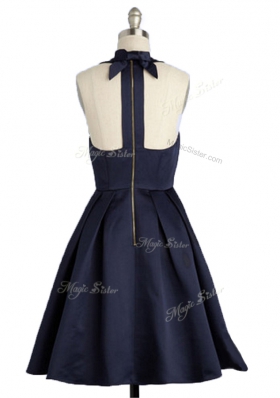High Class Square Black Satin Zipper Prom Gown Sleeveless Knee Length Bowknot