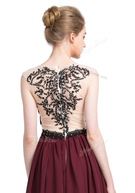 High Quality Sleeveless Chiffon With Brush Train Zipper Prom Evening Gown in Burgundy for with Lace