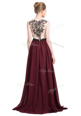 High Quality Sleeveless Chiffon With Brush Train Zipper Prom Evening Gown in Burgundy for with Lace