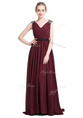 High Quality Sleeveless Chiffon With Brush Train Zipper Prom Evening Gown in Burgundy for with Lace