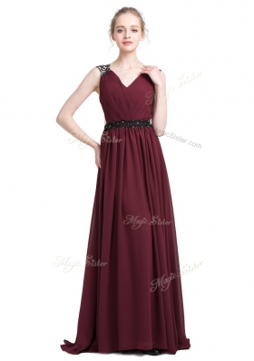 High Quality Sleeveless Chiffon With Brush Train Zipper Prom Evening Gown in Burgundy for with Lace