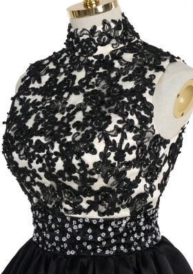 Ideal Black A-line Beading and Appliques Prom Gown Zipper Satin Sleeveless Mini Length