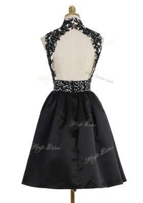 Ideal Black A-line Beading and Appliques Prom Gown Zipper Satin Sleeveless Mini Length