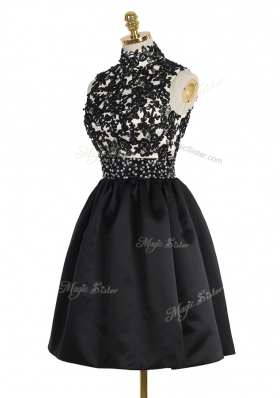 Ideal Black A-line Beading and Appliques Prom Gown Zipper Satin Sleeveless Mini Length