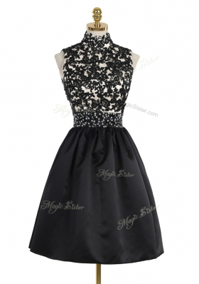 Ideal Black A-line Beading and Appliques Prom Gown Zipper Satin Sleeveless Mini Length