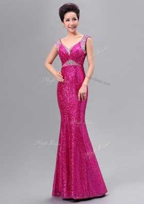 Mermaid Fuchsia Sleeveless Sequins Floor Length Prom Dress