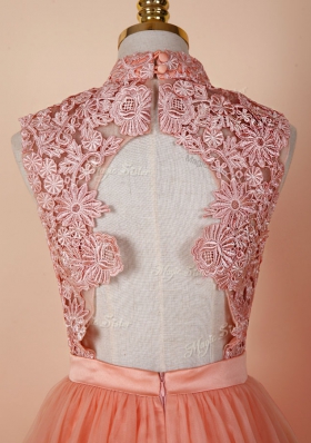 Modern Peach Backless Dress for Prom Appliques Sleeveless Knee Length