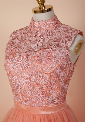 Modern Peach Backless Dress for Prom Appliques Sleeveless Knee Length