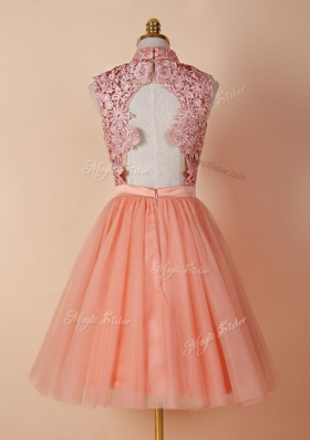 Modern Peach Backless Dress for Prom Appliques Sleeveless Knee Length