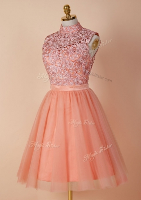 Modern Peach Backless Dress for Prom Appliques Sleeveless Knee Length