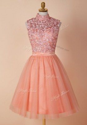 Modern Peach Backless Dress for Prom Appliques Sleeveless Knee Length