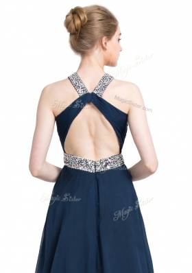 Most Popular Floor Length Empire Sleeveless Blue Homecoming Dress Backless