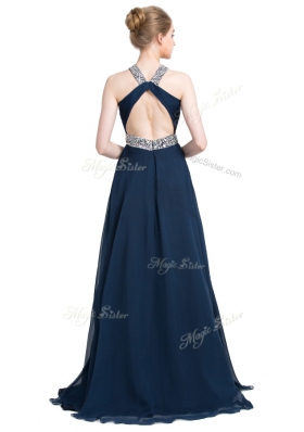 Most Popular Floor Length Empire Sleeveless Blue Homecoming Dress Backless