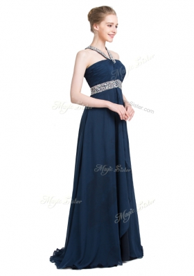 Most Popular Floor Length Empire Sleeveless Blue Homecoming Dress Backless