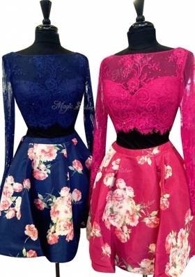 Multi-color A-line Lace Party Dress Zipper Satin Long Sleeves Mini Length