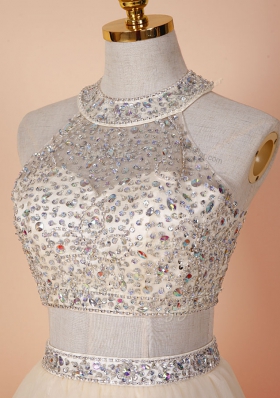 Popular Scoop Backless Tulle Sleeveless Knee Length Evening Dress and Beading