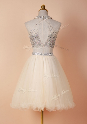 Popular Scoop Backless Tulle Sleeveless Knee Length Evening Dress and Beading