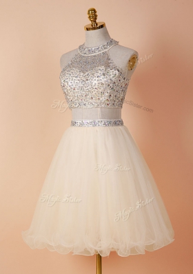 Popular Scoop Backless Tulle Sleeveless Knee Length Evening Dress and Beading