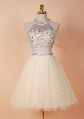 Popular Scoop Backless Tulle Sleeveless Knee Length Evening Dress and Beading