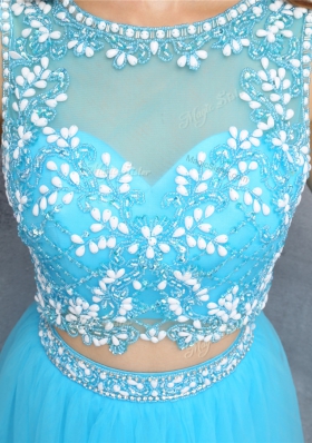 Popular Scoop Sleeveless Backless Blue Organza