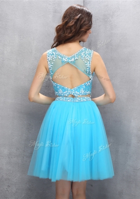 Popular Scoop Sleeveless Backless Blue Organza