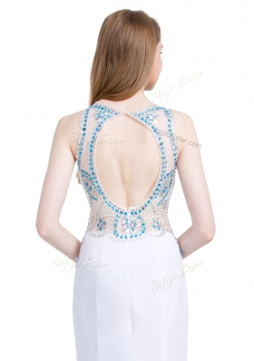 Pretty Chiffon Scoop Sleeveless Brush Train Zipper Beading Prom Dresses in White