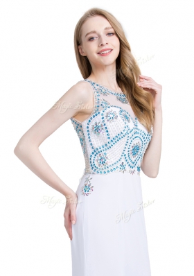 Pretty Chiffon Scoop Sleeveless Brush Train Zipper Beading Prom Dresses in White