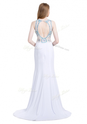 Pretty Chiffon Scoop Sleeveless Brush Train Zipper Beading Prom Dresses in White