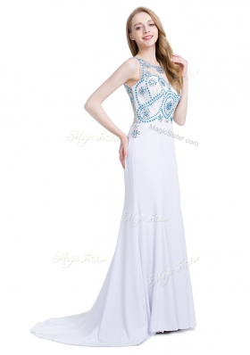 Pretty Chiffon Scoop Sleeveless Brush Train Zipper Beading Prom Dresses in White
