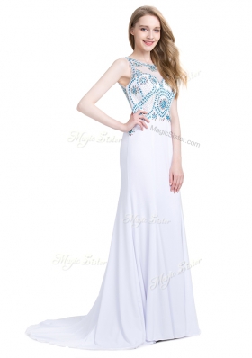 Pretty Chiffon Scoop Sleeveless Brush Train Zipper Beading Prom Dresses in White