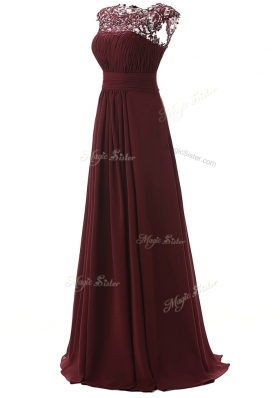 Pretty Scoop Sleeveless Prom Party Dress Floor Length Appliques Burgundy Chiffon