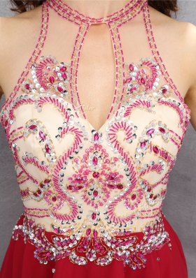 Romantic Red Zipper Scoop Beading Prom Gown Chiffon Sleeveless
