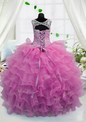 Scoop Fuchsia Lace Up Pageant Gowns For Girls Beading and Ruffled Layers Sleeveless Floor Length