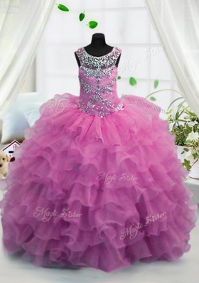 Scoop Fuchsia Lace Up Pageant Gowns For Girls Beading and Ruffled Layers Sleeveless Floor Length