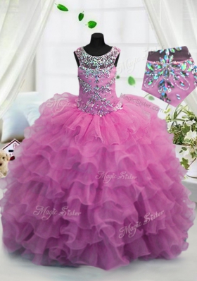 Scoop Fuchsia Lace Up Pageant Gowns For Girls Beading and Ruffled Layers Sleeveless Floor Length