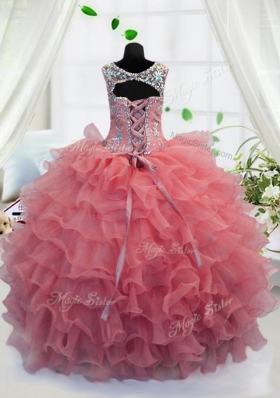 Scoop Sleeveless Beading and Ruffled Layers Lace Up Little Girls Pageant Dress