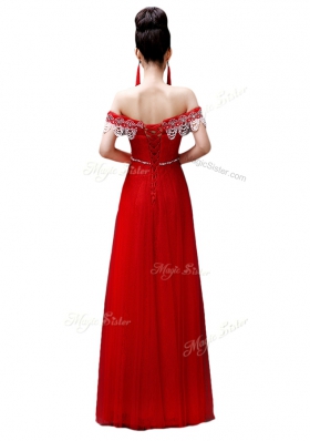 Sophisticated Off the Shoulder Red Sleeveless Chiffon Lace Up Prom Party Dress for Prom and Party