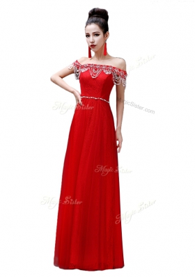 Sophisticated Off the Shoulder Red Sleeveless Chiffon Lace Up Prom Party Dress for Prom and Party