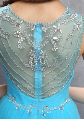 Top Selling Blue Scoop Zipper Beading Prom Party Dress Sleeveless