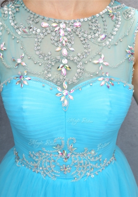Top Selling Blue Scoop Zipper Beading Prom Party Dress Sleeveless