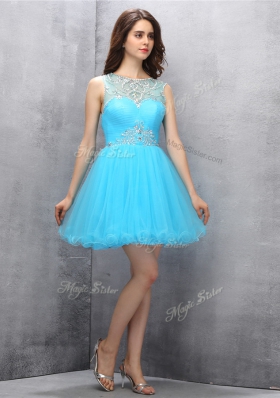 Top Selling Blue Scoop Zipper Beading Prom Party Dress Sleeveless